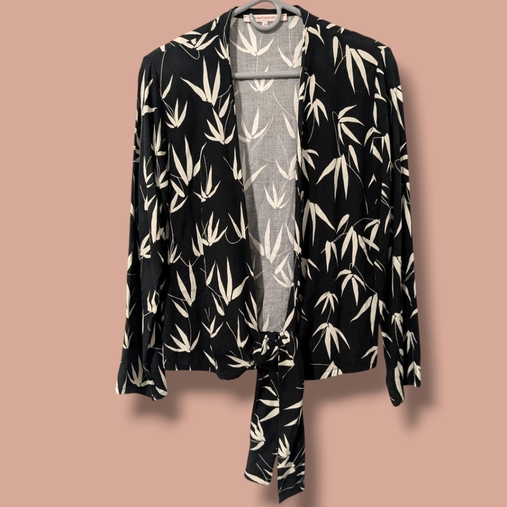 La Fée Maraboutée Black White Floral Leaves Long Sleeve Tie Open Front Cardigan